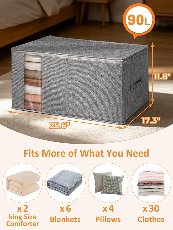 punemi King Size Comforter Storage Bag w/Sturdy Structure, 90L Extra Large Blanket Storage Bag for Bedding, Pillows, Quilts&Duvets, Stackable Closet Organizer with Clear Window,25.6x17.3x11.8in,Gray - Image 5