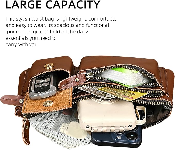Water Resistant Canvas + Leather Hiking Riding Travel Fanny Waist Pack Small Phone Pouch For Men Women FB811-29 (100% Leather-C-Wine) - Image 6
