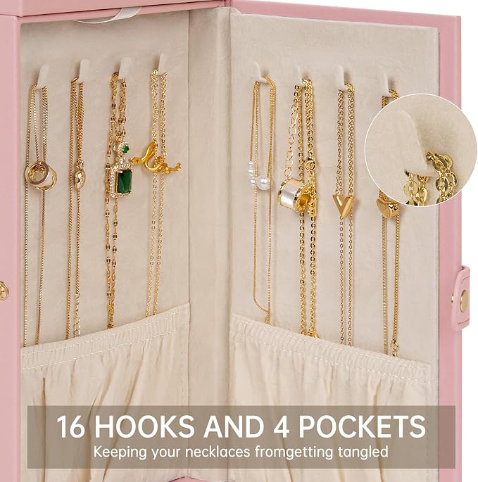AKOZLIN 6-Tier Jewelry Box Organizer Functional 5 Drawers Leather Jewelry Storage Case for Women Girls Ring Necklace Earring Bracelet Holder Organizer with Mirror Medium Pink - Image 4