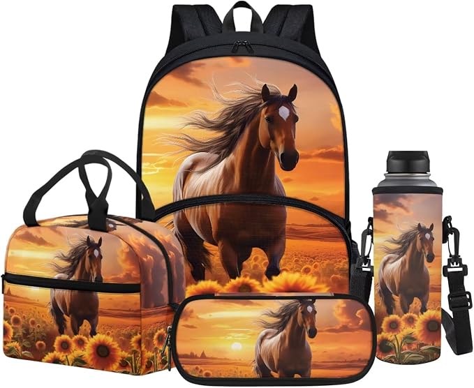 POLERO Sunflower Horse Backpack for Girls School Bookbag Set with Lunch Box Pencil Case Water Bottle Cover Bag Casual Daypack by WelcometoPOLERO