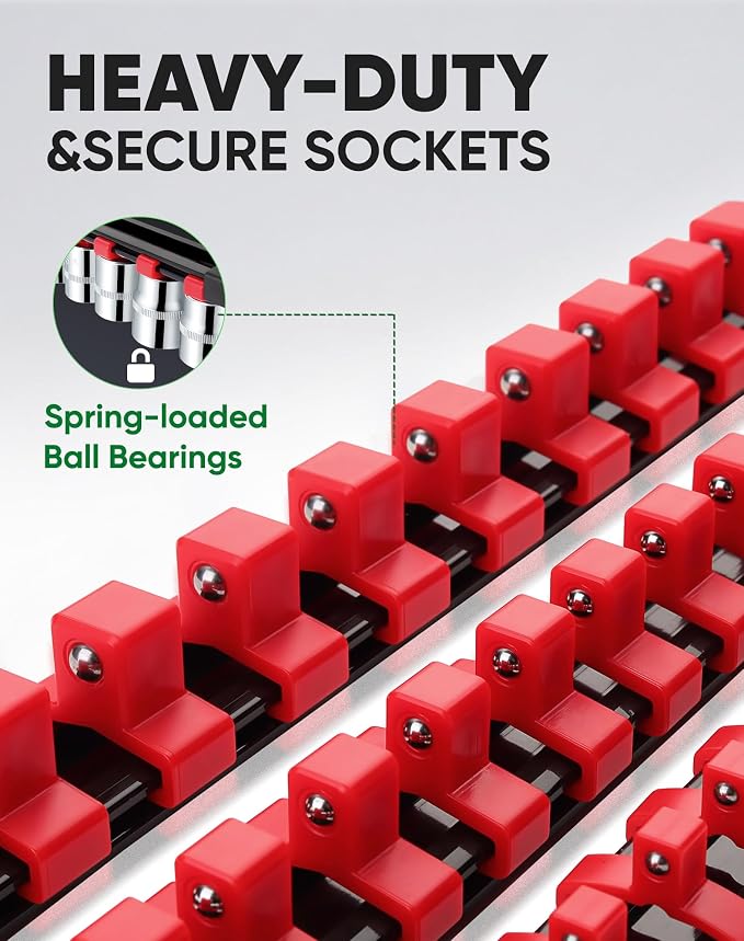 ALOANES 9PC Socket Organizer, Socket Rails Fit 1/2", 1/4" and 3/8" Drive | Heavy Duty ABS Socket Holders Hold up 129 Sockets for Toolbox Drawer Bags(Red) - Image 3