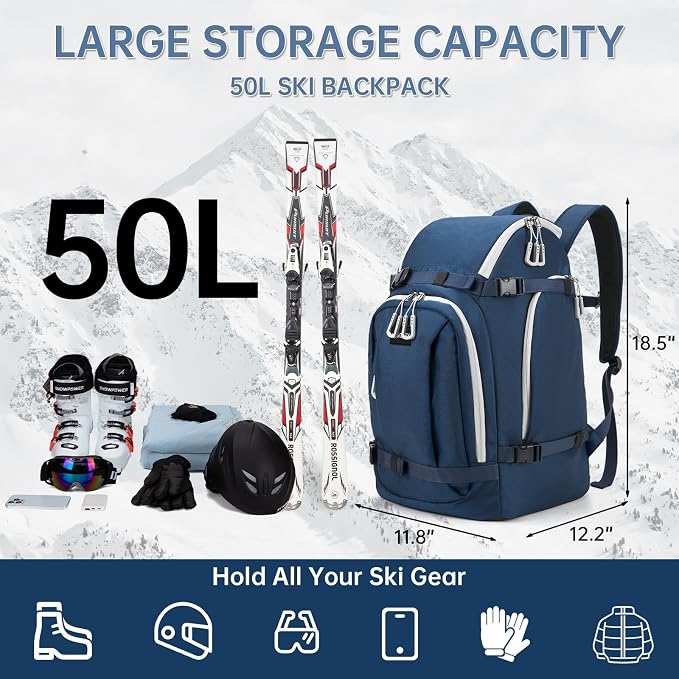 Ski Boot Bag, 50L Ski Boot Travel Backpack for Skis, Snowboard & Accessories, Waterproof Padded Ski Boot Bag Backpack - Image 2