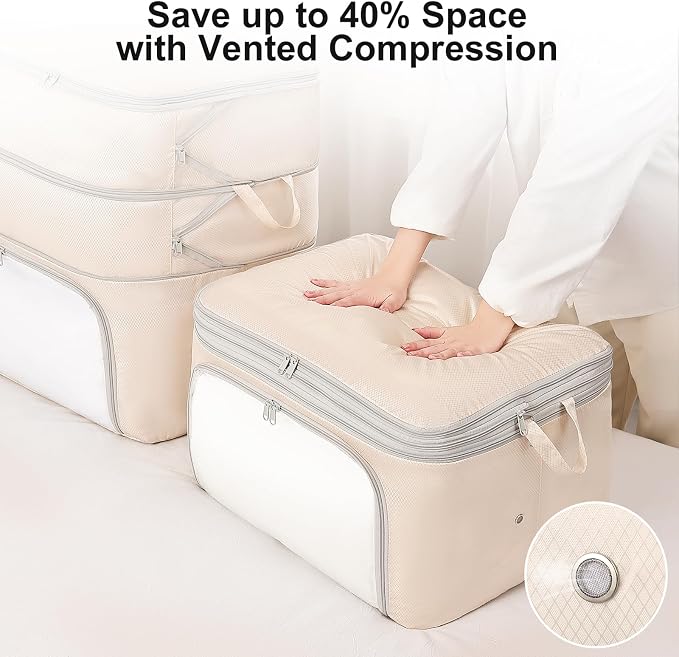 Comforter Storage Bag - 130L Blanket Storage Bags Front-opening Ultra Space Saving Self Compression Organizer, Washable Compression Bags for Storage Comforter Blanket, 2 Pack, Beige - Image 3