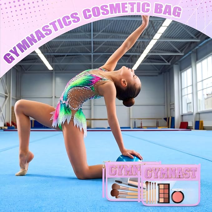6 Pcs Gymnastics Gifts Cosmetic Makeup Bags, Purple Clear PVC Zipper Pouch with Chenille Letter Patch, Waterproof Travel Toiletry Storage Bag for Team Girls Women Party Favor - Image 4