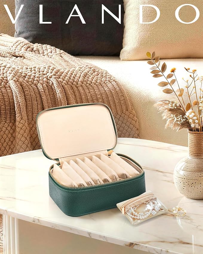 VLANDO Jewelry Box with 8 Velvet Jewelry Bags Travel Jewelry Storage Box Petal Hardware Jewelry Organizer for Necklace Rings Earrings Women Gifts for Christmas Birthday-Green - Image 8