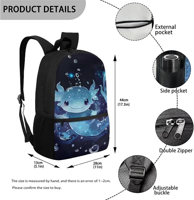 Blue Axolotl Backpack and Lunch Box for Girls 4-6/6-8/8-10 Kids Bookabags for 4th Grade Girls Elementary School Back Pack with Lunch Bag Pencil Case Middle Student Book Bag Set Schoolbag - Image 3