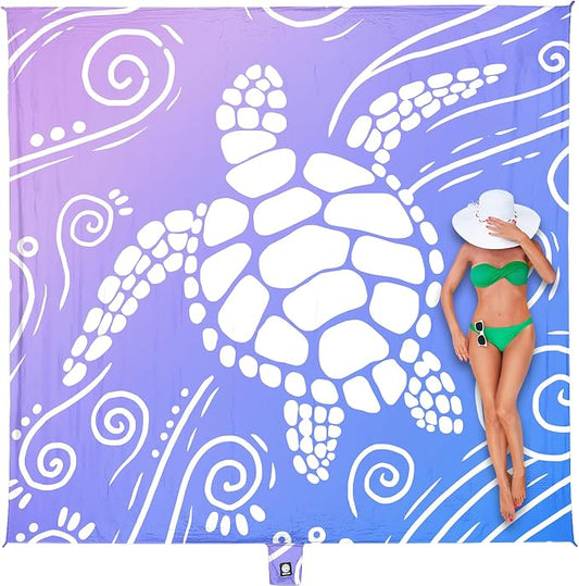 WEKAPO Beach Blanket Waterproof Sandproof Oversized Extra Large Sand Free Beach Mat with Stakes, Storage Bag - Essentials for Outdoor Beach, Picnic (Blue Purple Sea Turtle, 11 X 9 FT (1~10 Person)) by Wekapo