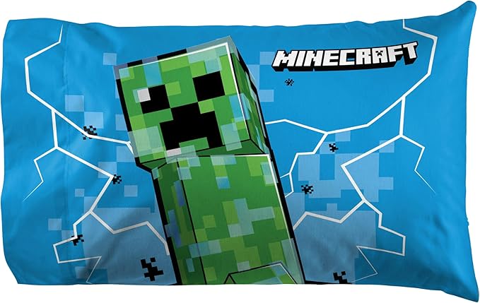 Jay Franco Kids Sheet Set with Fitted, Flat Sheets & Pillow Cover - Ultra-Soft Bedding with Pillowcase for Room Decor, Blue - Minecraft Creeper, 4 Piece Queen - Image 4
