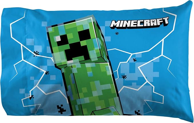Jay Franco Kids Sheet Set with Fitted, Flat Sheets & Pillow Cover - Ultra-Soft Bedding with Pillowcase for Room Decor, Blue - Minecraft Creeper, 4 Piece Full - Image 4