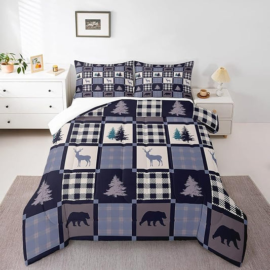 Hunting Animal Comforter Set for Youth,Rustic Bear Deer Patchwork Bedding Set Lodge Decor,Vintage Farmhouse Wildlife Down Comforter Queen,Geometric Grid Check Quilted Comforter with 2 Pillowcases by Erosebridal