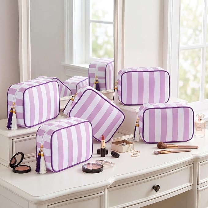 Kacctyen 6 Pack Lavender Purple and White Striped Makeup Bag bulk with Tassel Travel Cosmetic Pouch Organizer Large Zipper Toiletry Case for Women Aesthetic Storage Pouch Mahjong Tile Bag - Image 8