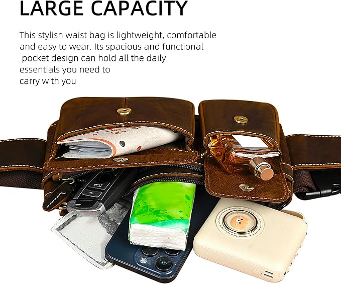 Water Resistant Canvas + Leather Hiking Riding Travel Fanny Waist Pack Small Phone Pouch For Men Women FB811-29 (9802-Brown 2) - Image 6