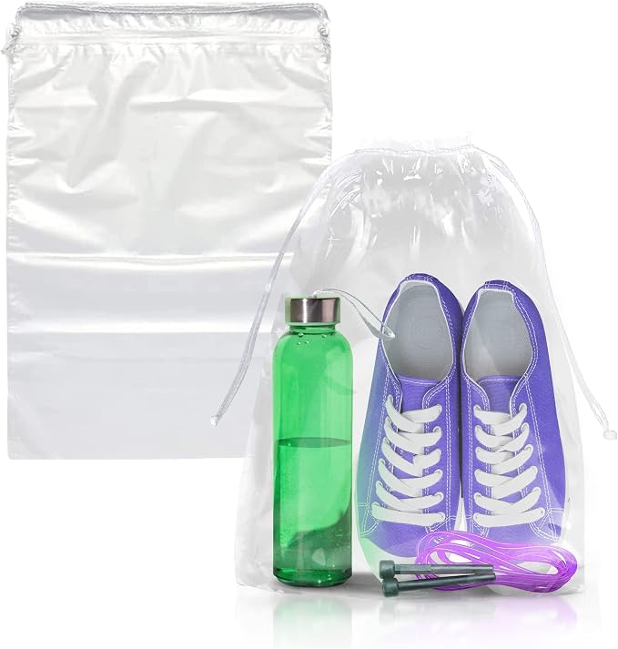 Clear Drawstring Bags, 9 x 12 Inch Plastic Shoe Bags with Cotton Drawstrings, Pack of 50 for Travel Storage and Packaging by PUREVACY