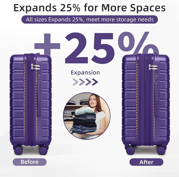 6 Piece Luggage Set Hard Shell - Grape Purple Expandable Suitcases with Spinner Wheels and Duffel Bags for Family Travel, Durable Carry On Luggage Sets with Lock for Women and Girls - Image 6