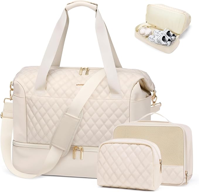 MDODO Travel Duffel Bag for Women Weekender Overnight with Wet Pocket Shoes Compartment Carry on Tote Duffle Bag for Business, Trips, Travel, Sports, Gym, Yoga, Hospital, 3 Pcs Set, 43L, Beige by Mdodo