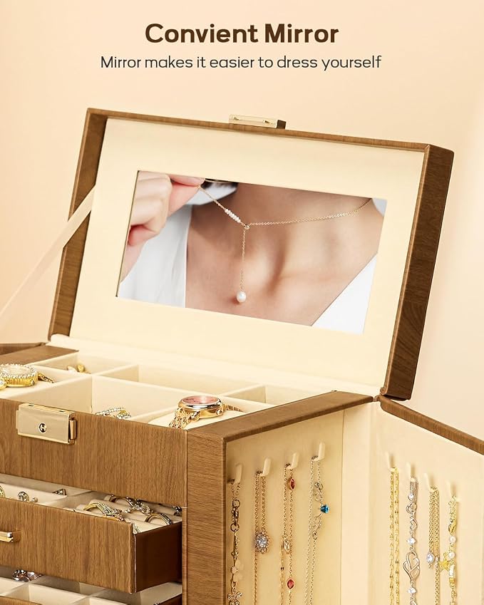 Homde Synthetic Leather Huge Jewelry Box Mirrored Watch Organizer Necklace Ring Earring Storage Lockable Gift Case (Brown + Gold) - Image 7