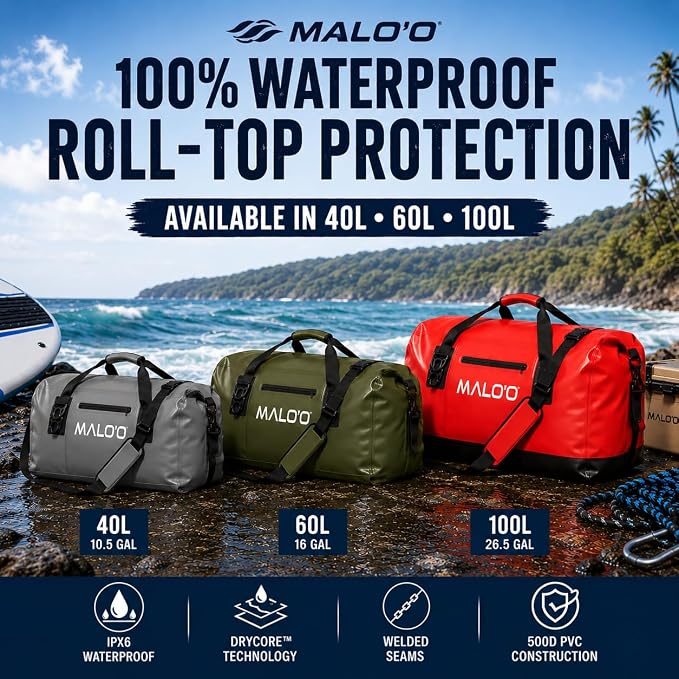 Malo’o Waterproof Dry Duffel, Heavy-Duty Roll Top Waterproof Gear Bag with Shoulder Strap & Molle Loops, Marine Duffel for Kayaking, Boating, Camping, Beach & Travel, Blue, 40L - Image 2
