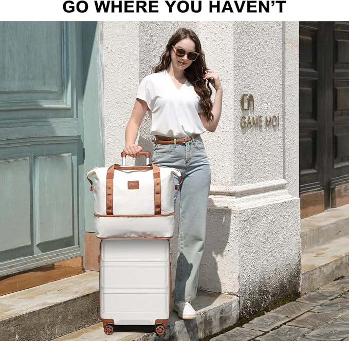 Kono Suitcase Set 3 Piece Carry On Hardside Luggage with Spinner Wheels | Lightweight PC+ABS Carry On Suitcase with TSA Lock Cream White - Image 2