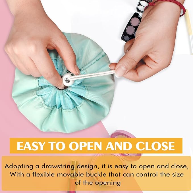 INVODA Drawstring Makeup Bag for Women Cosmetic Bag Large Travel Make up Bags Portable Barrel Toiletry Bag Toiletries Pouch Travel Cosmetic Organizer (Green) - Image 6