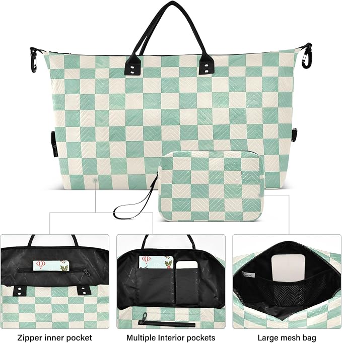 senya Weekender Bags Travel Duffel Gym Bag Mint Cream Checkerboard Carry on Overnight Tote Bag with Toiletry Bag for Airplane Travel Trip Gym Yoga, g366833926p1006c1071s2442 - Image 2