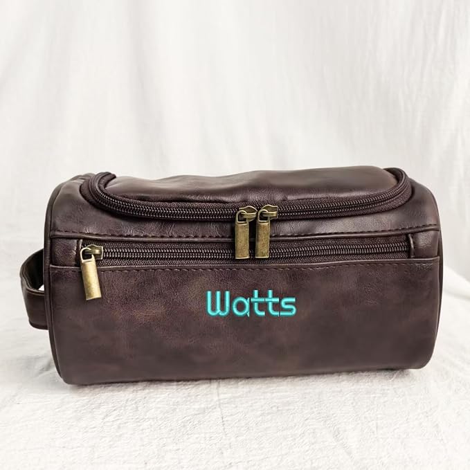 GOPHIE Personalized Embroidered Men's Leather Toiletry Bag,Travel Toiletry Bag for Men,PU Leather Waterproof Travel Shaving Dopp Kit (3, Coffee) - Image 4
