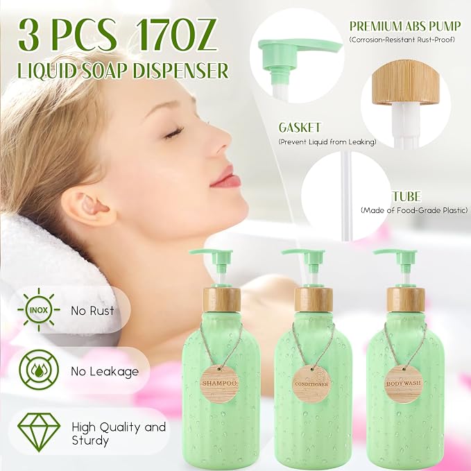 32PCS Green Bathroom Accessories Set with Shower Curtain,Rugs,Trash Can,3PCS Lotion Soap Dispenser, Toothbrush Holder, Soap Dish,Tumbler Cup,6PCS Wood Tags Bath Accessories with Tray for Bathroom - Image 2