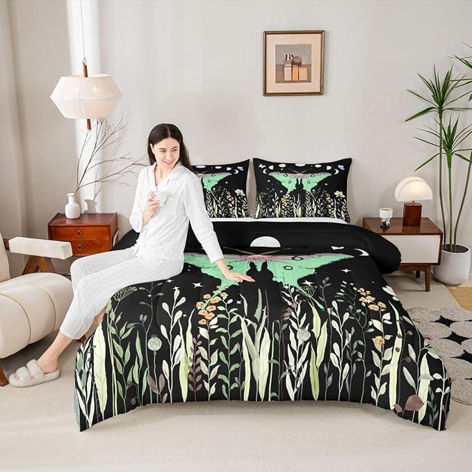 Erosebridal Teens Moth Bedding Set King, Aesthetic Flower Comforter Set Bohemian Sun Moon Duvet Sets for Kids Boys Adult Women, Nature Trippy Floral Bedding Comforters Goth Bedroom Decor - Image 3