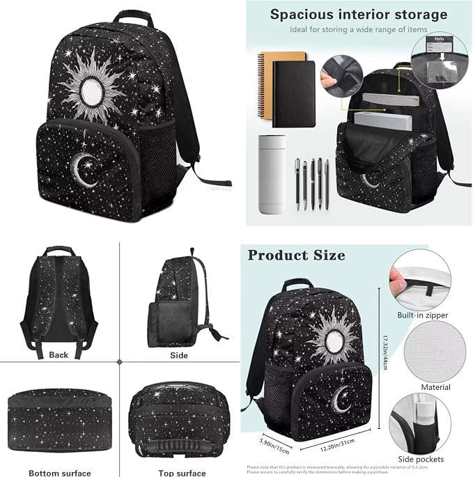 Sun & Moon & Stars 4 Piece Backpack Set for Boys 5-12 Cool Bookbag with Lunch Box Kids Kindergarten Primary Daypack with Zipper Pencil Pouch Portable Water Bottle Holder for Back to School - Image 7