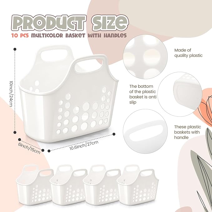 Nuogo 10 Pack White Basket with Handles Plastic Oval Carry Totes with Handles Caddy Multipurpose Organizer Reusable for Bathroom Dorm Communal Showers Kitchen School, 10.6" x 6" x 10" - Image 2