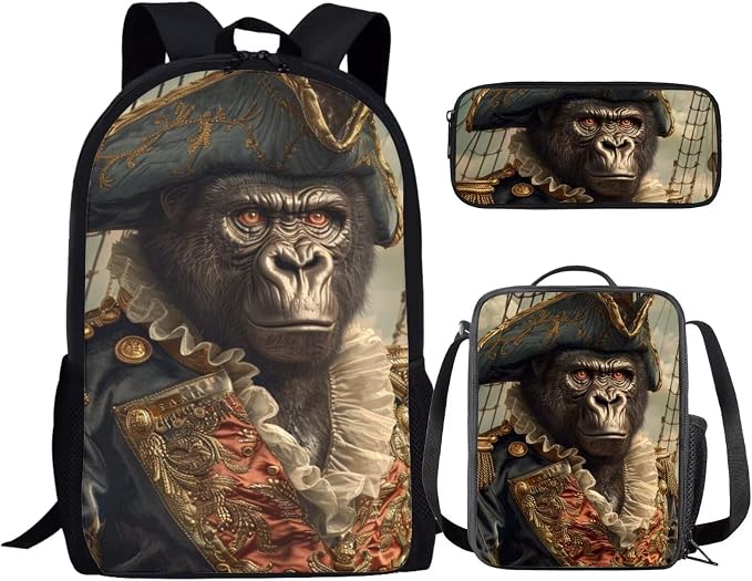 17 Inch Animal Print School Backpack And Lunch Box Set for Kids Lightweight Amazing Gorilla Backpack for Boys Girls Sturdy School Bag with Insulated Lunchbox Pencil Case Student Bookbag by Parprinty