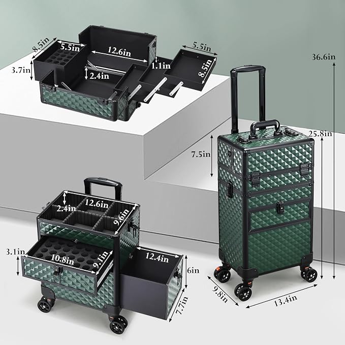Joligrace Rolling Makeup Case with Drawers - Tattoo Storage Organizer Travel Cart for Nail Tech, Cosmetology, Barber Tools - Portable Suitcase on Wheels Dark Green - Image 5