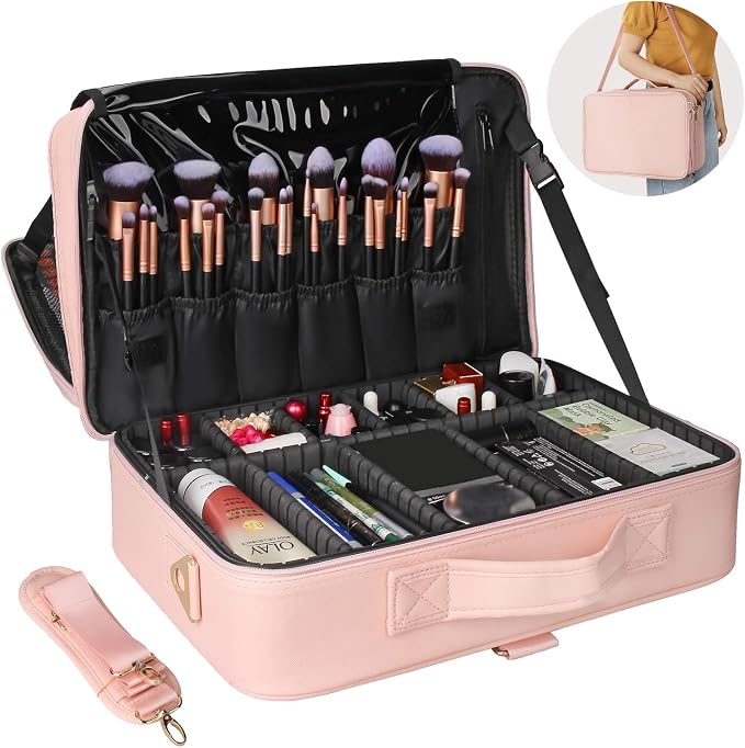 Relavel Makeup Case Large Makeup Bag Professional Train Case 16.5 inches Travel Cosmetic Organizer Brush Holder Waterproof Makeup Artist Storage Box, 3 Layer Large with Adjustable Strap (Pink) - Image 2