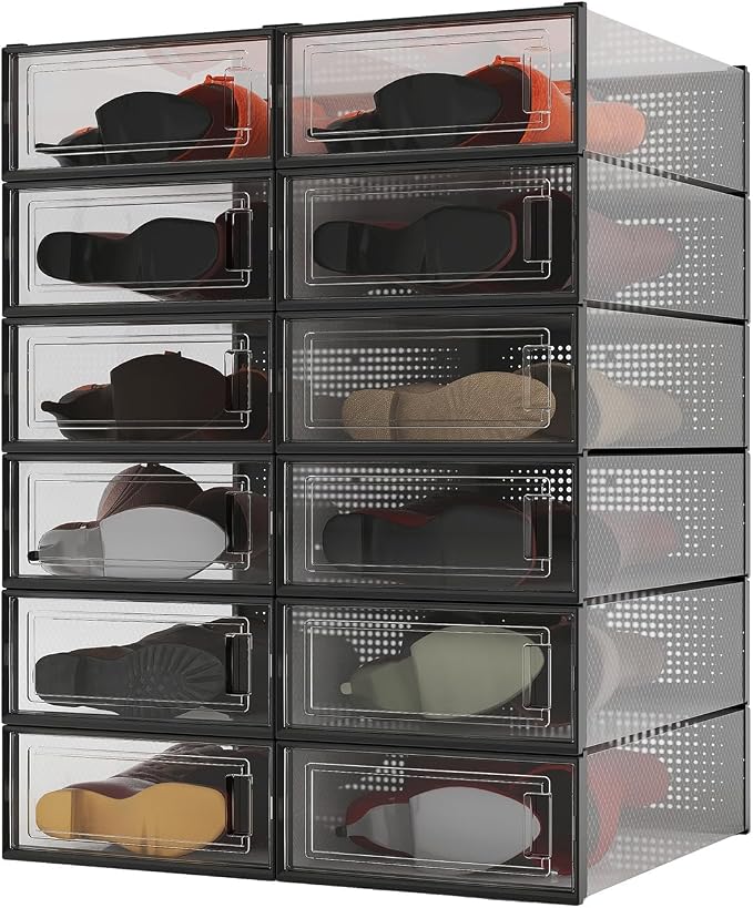 12-Piece Boot and Shoe Storage Box, Stackable Clear Plastic Shoe Box, Space-Saving Shoe Organizer for Boots, Sneakers, and High Heels, Black by PARANTA