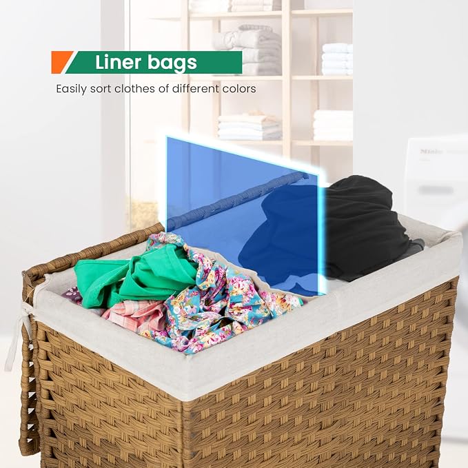 Paylesshere Laundry Basket Handwoven Laundry Hamper 90L/110L Foldable Rattan Laundry Hamper With Lid,2 Removable Liner Bags & 6 Bags,Clothes Bathroom Basket,Natural - Image 3