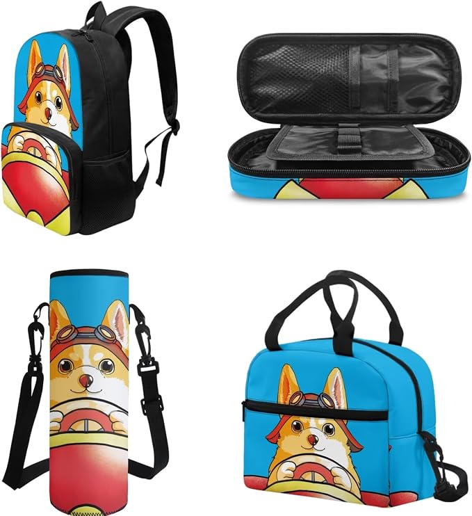 POLERO Corgi Pilot Backpack for Boys 4-6 Kids Toddler School Bookbag Set with Lunch Box Pencil Case Water Bottle Cover Bag Casual Daypack 4Pcs for First Grade - Image 3