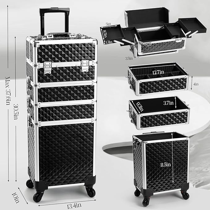 Yueieoun Rolling Makeup Train Case, 4-in-1 Cosmetology Case on Wheels, Nail Tech Cart for Travel, Professional Cosmetic Vanity Case, Suitcase for MUA/Manicure/Tattoo/Style, Lockable Storage Box, Black - Image 6