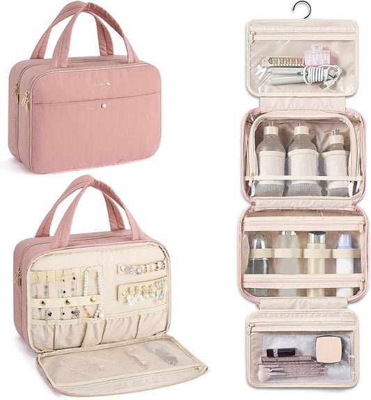 Hanke Hanging Travel Toiletry Bag for Women with Jewelry Organizer Compartment, Travel Essentials Toiletries and Makeup Bag, Water-Resistant & Stain-Resistant with Trolley Strap (Pink) by Hanke