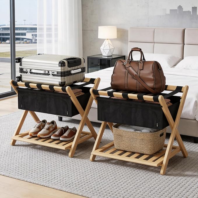 Full Assembled 26.77"L Luggage Rack for Guest Room, Set of 2 Foldable Suitcase Stand with 5 Nylon Straps & Cloth Bag, Luggage Stand Holder with Shoe Shelf for Suitcases Hotel (Natural Wood Bamboo) - Image 6