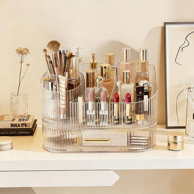 Makeup Organizer with 360° Rotating Brush Holder and Stackable Drawers, Cosmetic Display Case for Vanity, Bathroom Countertop (Clear, 2 Layer) - Image 2