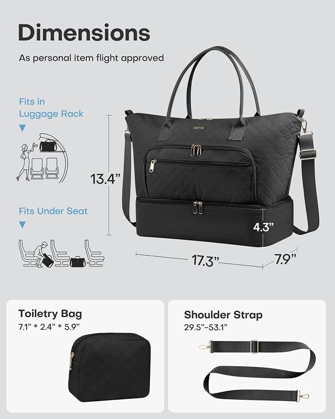 HOTOR Travel Duffle Bag for Women - Carry on Bag with Toiletry Pouch & Shoe Compartment, Large Overnight Weekender Bags for Gym, Business Trips, Sports and Hospital, Black, 17.3" x 7.9" x 13.4" - Image 5