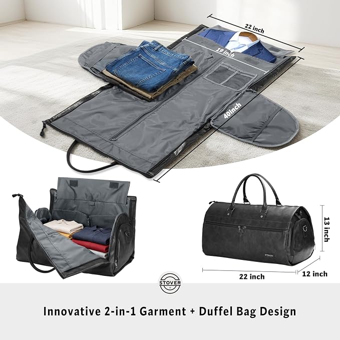 STOVER Garment Travel Duffle Bag, Large 2-in-1 Convertible Carry-on Luggage for Men & Women- Hanging Suits, Dresses & Clothes + Shoe Compartment- Weekender Tote Combo Duffel (Black Leatherette) - Image 2