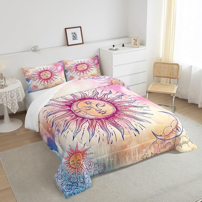 Sun and Moon Comforter Set King Stars Constellation Galaxy Bedding Set,Pink Blue Pastel Clouds Tie Dye Comforter for Kids Girls Women Boho Hippie Psychedelic Celestial Astrology Quilt Duvet Set 3 Pcs - Image 4