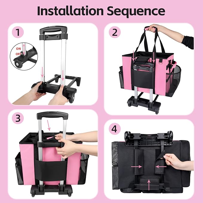 Large Rolling Cleaning Caddy Bag with Wheels, with Detachable Trolley, Cleaning Bags on Wheels for Housekeepers, Cleaning Cart Supplies Organizer for Home, Car, Picnic (Pink) - Image 6