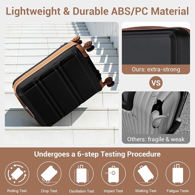 Kono Carry On Luggage 22x14x9 Airline Approved with Spinner Wheels | Lightweight PC+ABS 20 Inch Luggage with TSA Lock,Expandable Hard Shell Carry On Suitcases for Men Women,Black/Brown - Image 3