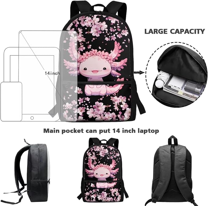Axolotl Bakpack for Girls Elementary Backpacks with Lunchox Pencil Case 5 Pcs Bookbag Sets for Kids Back to School Supplies for Hiking - Image 4