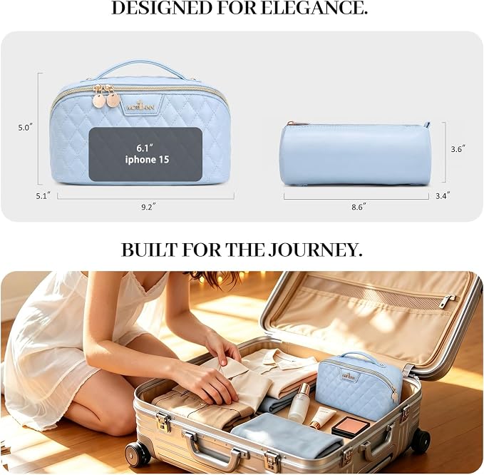 Travel Makeup Bags Cosmetic Organizer: 3Pcs Set Puffy Make up Bag for Women | Blue Premium Quilted ELEGANCE Design | Large Capacity Leather Toiletry Bags | Wide Open Compact Case for Travel Essentials - Image 7