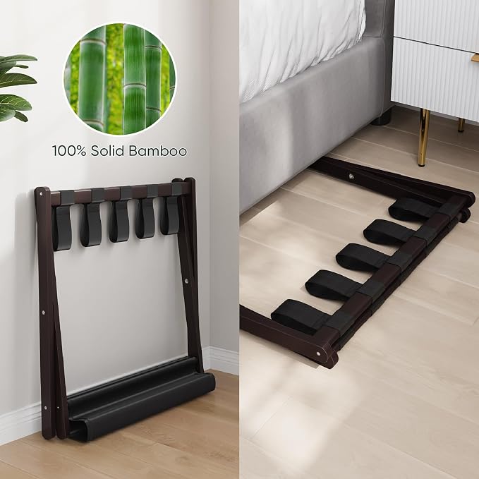 Smart FENDEE 2 Pack Luggage Rack, Folding Luggage Rack for Guest Room, Brown Bamboo Suitcase Stand Holds up to 131 lb, Luggage Stand with Storage Shelf for Hotel, Bedroom - Image 4