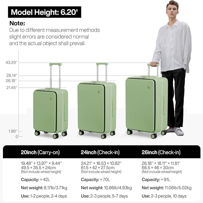 mixi 20 Inch Carry On Luggage 22x14x9 Airline Approved PC Hard Shell Suitcase Top Opening Aluminum Frame Travel Suitcases with Wheels, Avocado Green - Image 6