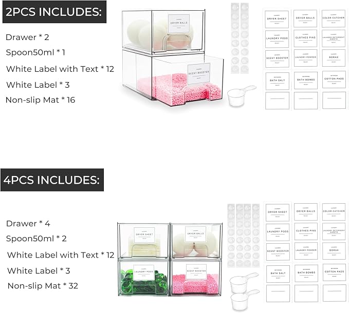 2 Pack Laundry Room Organization Storage Drawers with Labels, Clear Stackable Dryer Sheet Holder and Pod Containers, Detergent Dispenser for Laundry Room Organizing and Decor - Image 3