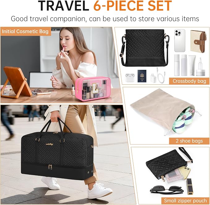 Weekender Bag for Women, 6 Pcs Set Carry on Overnight Bag, 21" Travel Duffel Bag with Initial Clear Makeup Pouch and Waterproof Shoe Compartment - Image 6